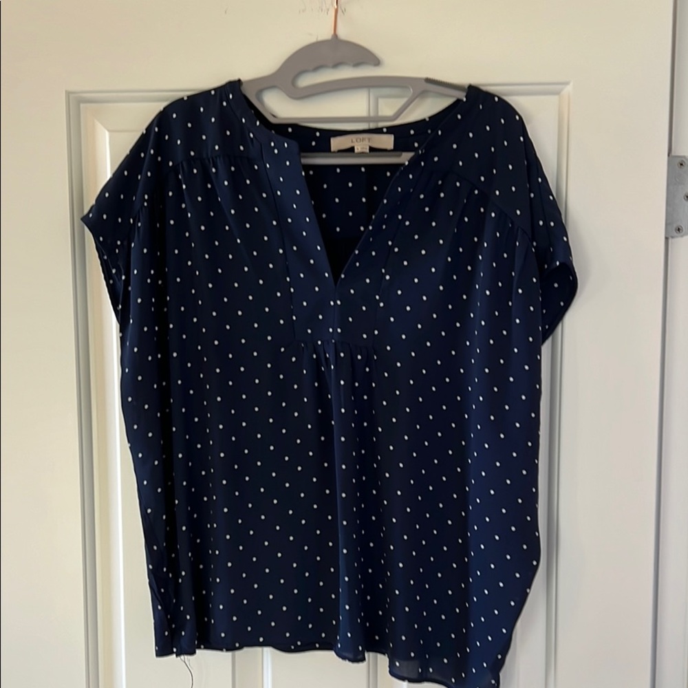 LOFT Navy and White Polka Dot Blouse